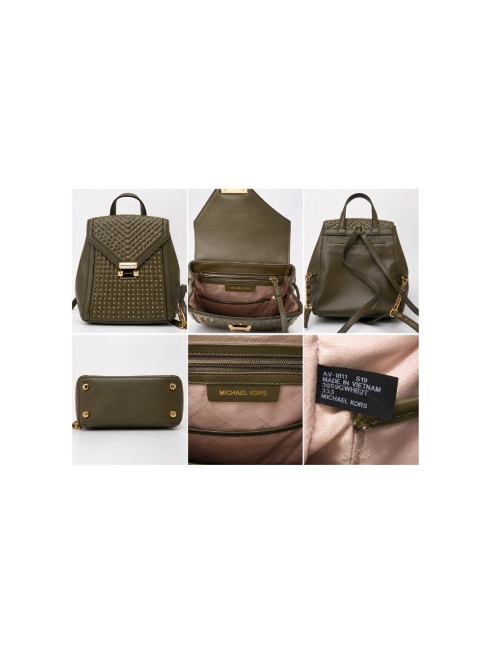 Michael Kors Whitney Medium Studded Lamb Leather Backpack Olive Green Gold